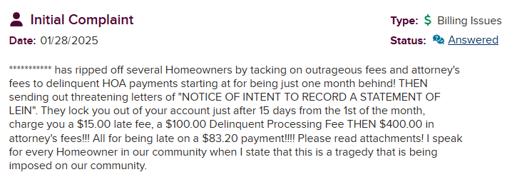 BBB Review - Outrageous fees and attorney costs for HOA payments, $400 attorney fees for being late on $83.20 payment