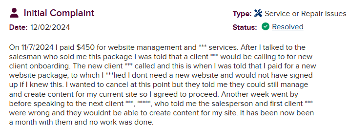 BBB Review - Paid $450 for website management, misled about services, no work done after a month
