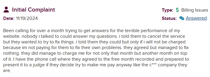 BBB Review - Terrible website performance, agreed to free month to fix issues but still charged anyway