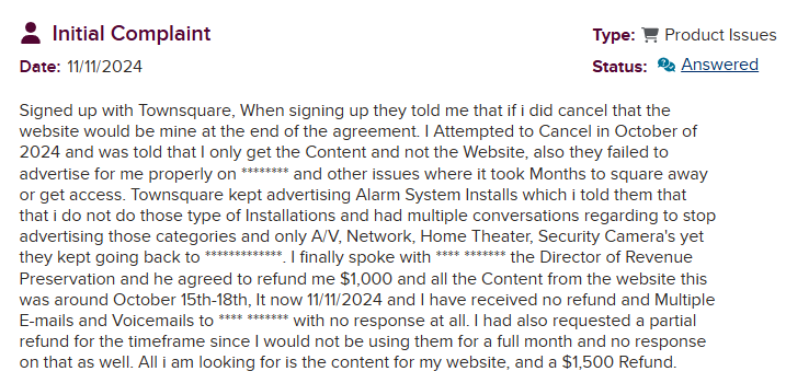 BBB Review - Misled about website ownership, wrong advertising categories, promised $1500 refund never received