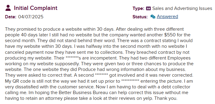BBB Review - Website not delivered within promised 30 days, sent to collections after canceling payment due to breach of contract