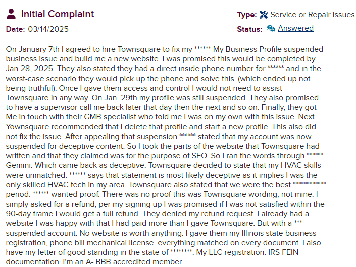 BBB Review - Failed to fix Google My Business suspension, provided deceptive content that caused further suspension, denied refund