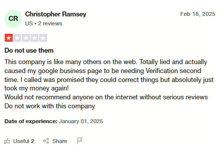 Trustpilot Review - Christopher Ramsey: Company lied and caused Google Business page verification issues, took money again