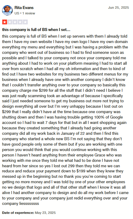 Trustpilot Review - Rita Evans: Charged $299 for services she didn't need, company created duplicate website and lied about designing existing logo