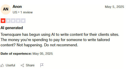 Trustpilot Review - Anonymous: Company using AI to generate content instead of providing tailored human-written content