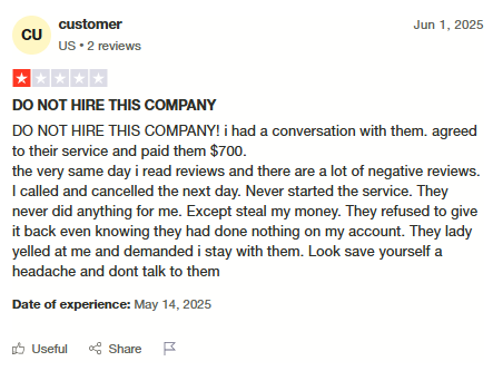 Trustpilot Review - Customer: Paid $700, read negative reviews same day, tried to cancel next day but company refused refund