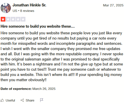 Trustpilot Review - Jonathan Hinkle Sr.: Paying car note monthly for misspelled words and incomplete content, no results