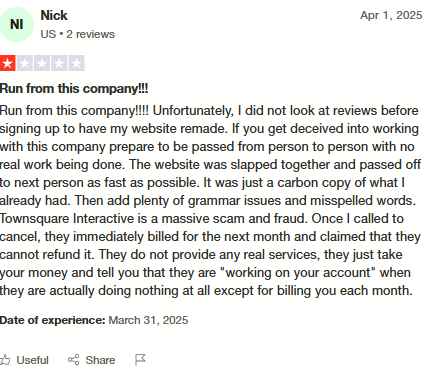 Trustpilot Review - Nick: Website slapped together with grammar issues, billed immediately after cancellation attempt