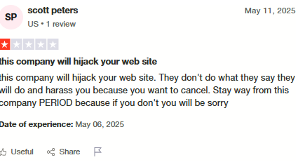 Trustpilot Review - Scott Peters: Company hijacked website, didn't deliver promised services, harassment during cancellation