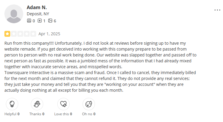 Yelp Review - Adam N. from Deposit, NY: Website slapped together with errors, billed immediately after cancellation