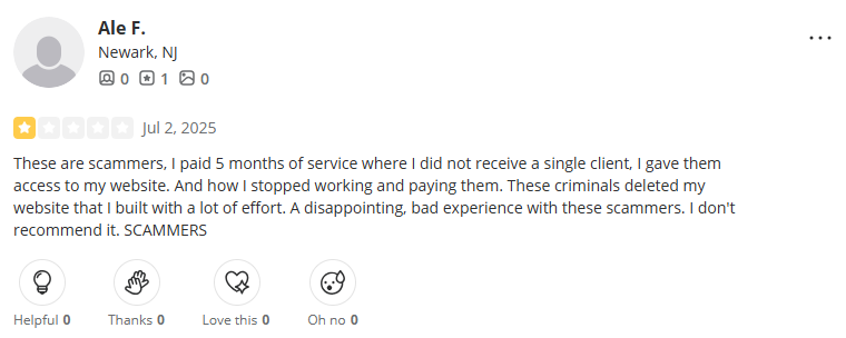 Yelp Review - Ale F. from Newark, NJ: Paid 5 months with no clients, website deleted when stopped paying