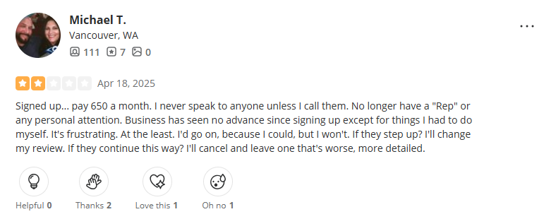 Yelp Review - Michael T. from Vancouver, WA: Pays $650/month with no personal attention or business advance